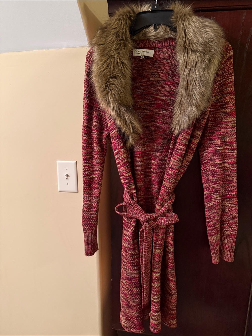 Jones New York Marled Red Wrap Cardigan with Faux-Fur Collar